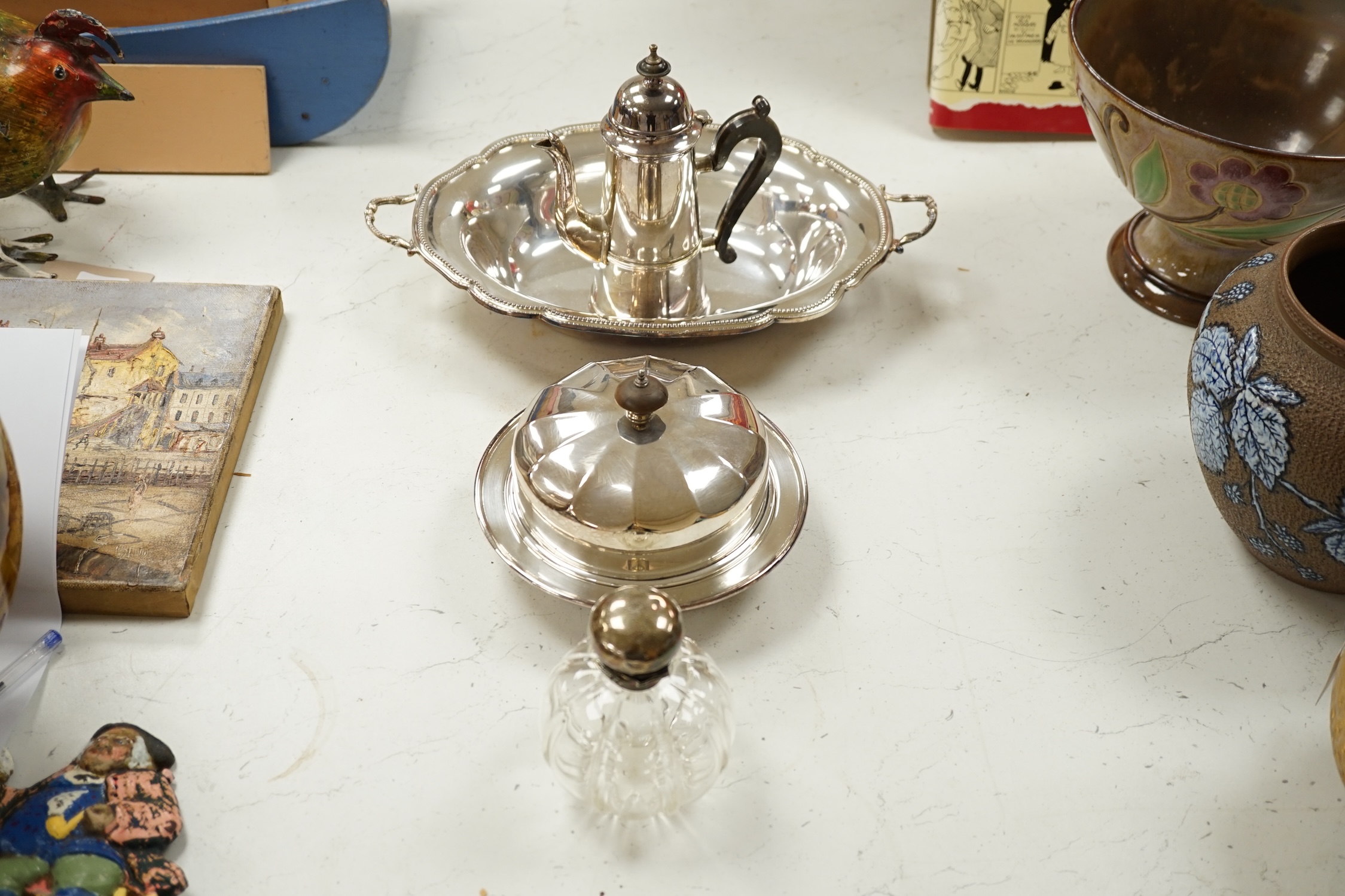 A silver mounted perfume bottle and quantity of plate. Condition - fair to good